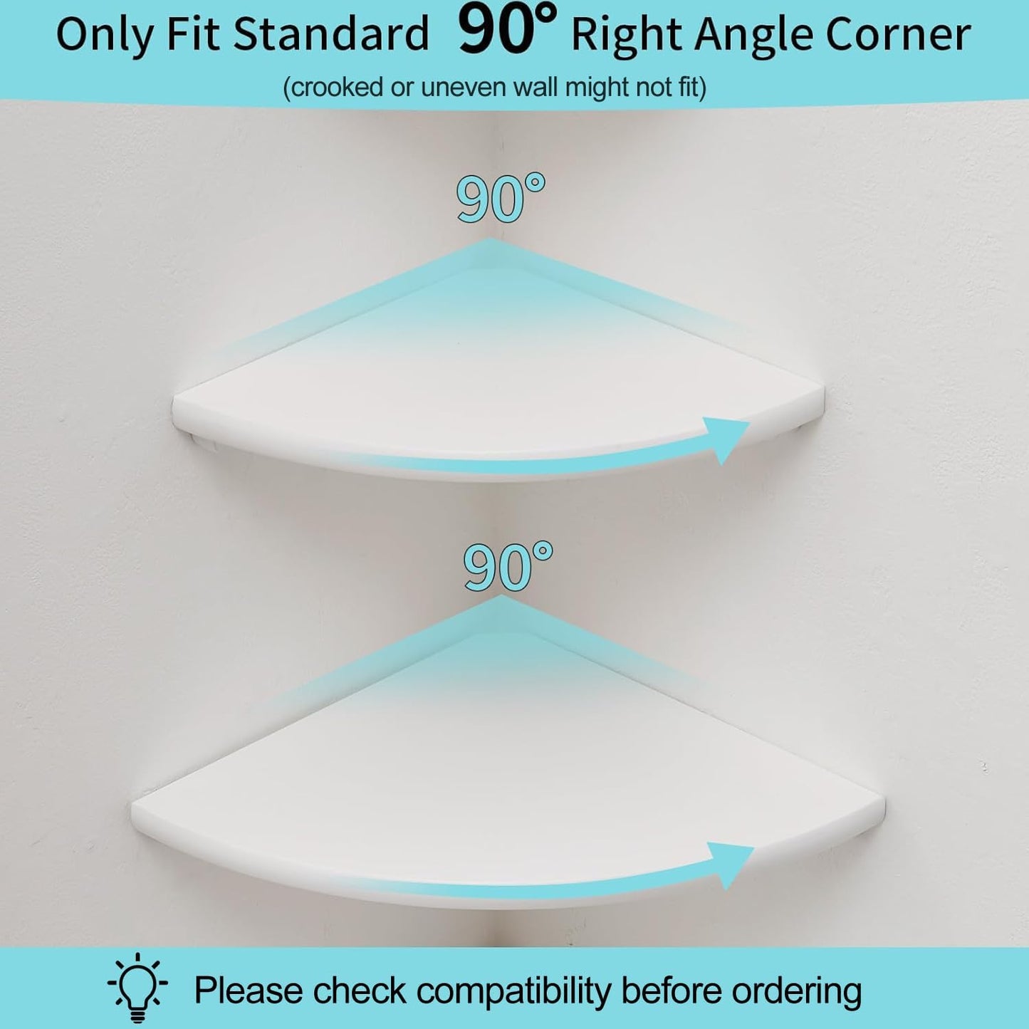 Corner Shelf, White Floating Corner Shelf, Set of 2 7inch Solid Oak Wood Corner Wall Shelves, Round End Wall Mount Display Shelf with Wire Hole for Small Plant for Bedroom Kitchen, Living Room