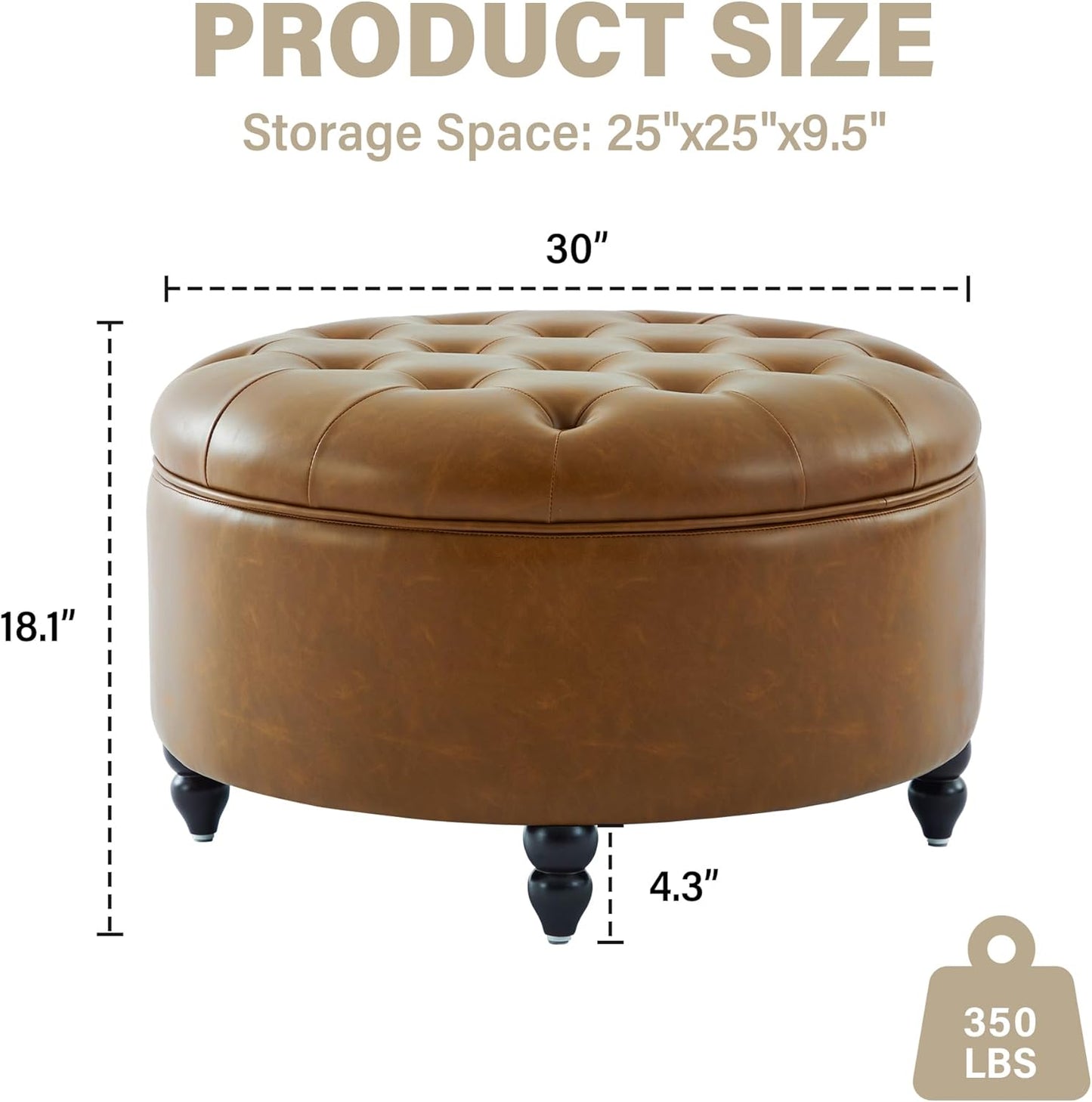 30-Inch Large Round Ottoman, Faux Leather Coffee Table with Removable Lid Top, Upholstered Footrest Modern Button Circle Storage Ottoman for Living Room, Office, PU Brown