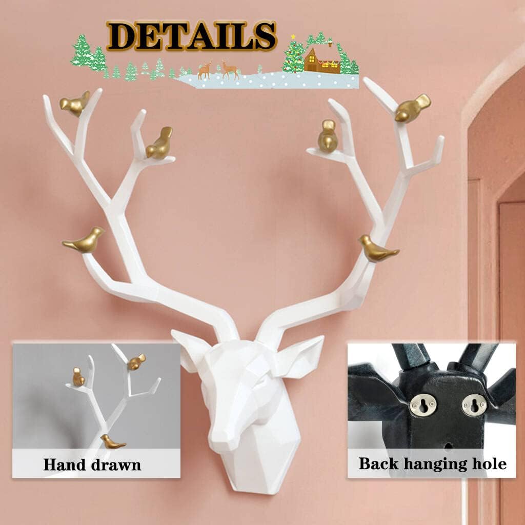 Deer Head Wall Decor Geometric Rustic Wall Mounted Deer Head, Faux Taxidermy Animal Head Wall Art Pendant, Handmade Resin Head Sculptures for Porch, Detachable Antlers, 6 Styles(White,21.8x15.7IN)