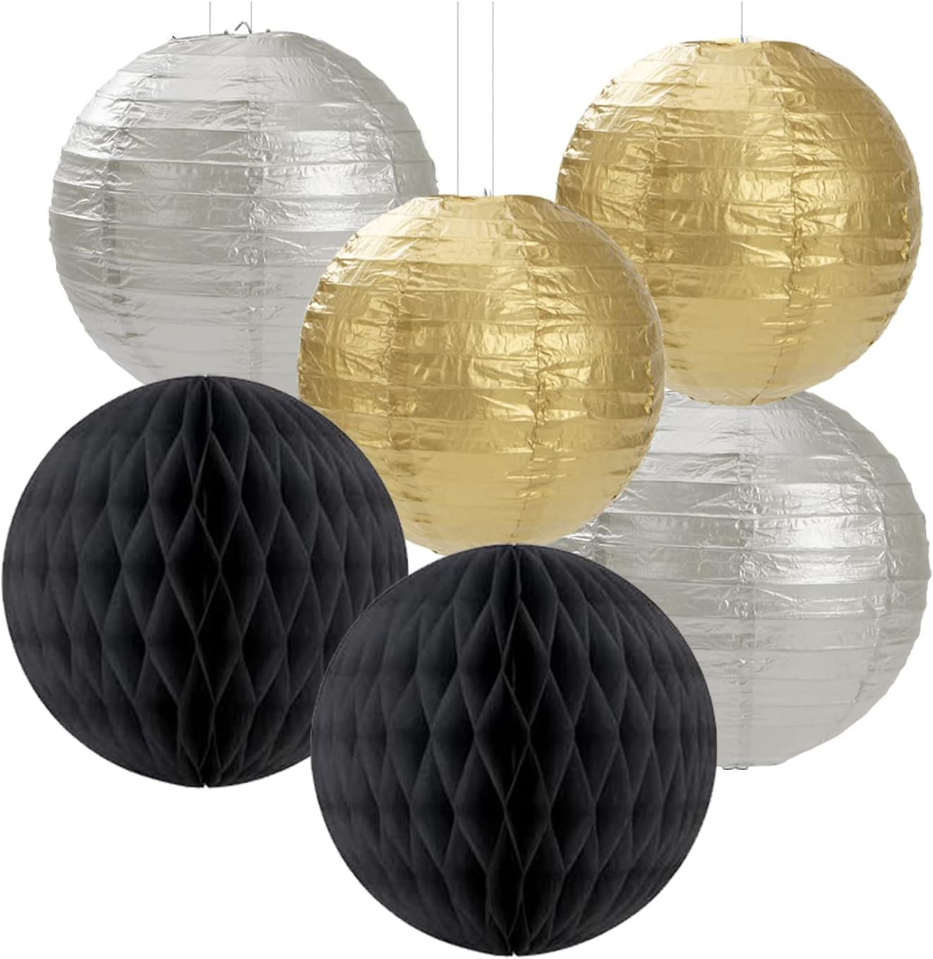 Black Gold Silver Party-Decorations Streamers-Lanterns - 14pcs Graduation 2025 Paper Fan,Tissue Flower Pom Poms Streamers,Honeycomb Balls,Men Birthday Wedding Baby Bridal Shower Decor Ouruola