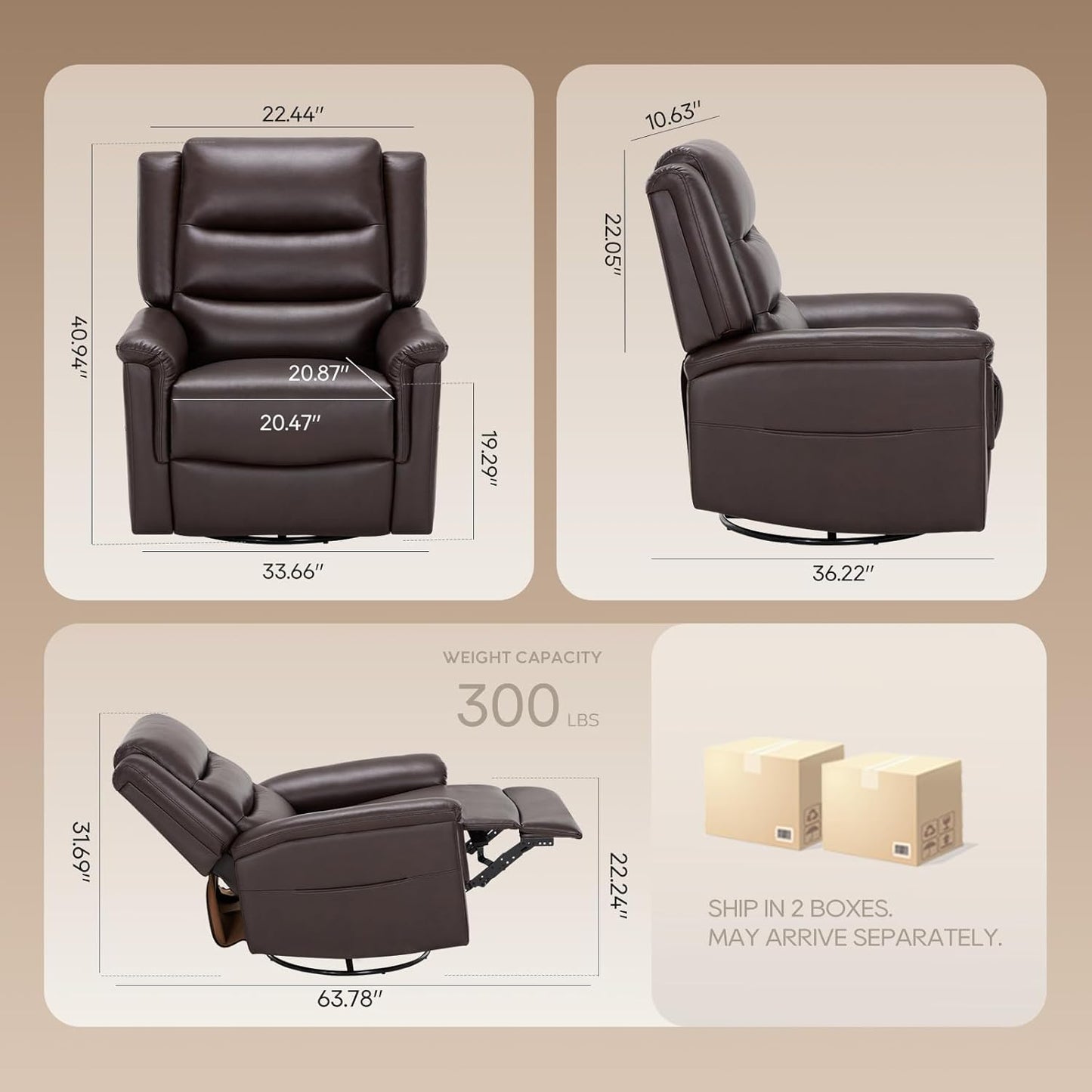 COLAMY Oversized Leather Recliner Chair, 360°Swivel Rocking Manual Recliner with Thick Cushioned Padding Backrest and Wide Seat - Darkbrown