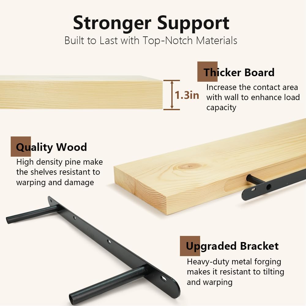 Habudda Floating Shelves for Wall, Solid Pine Wood Shelf for Bathroom Bedroom Kitchen, Rustic Room Decor, Wall Mounted, 30 Inches Long, Set of 2, Natural