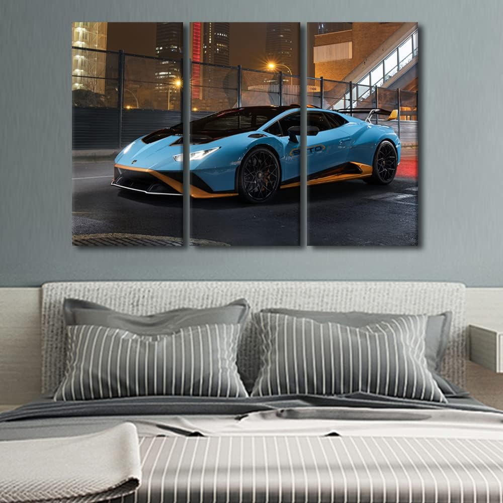 Car Poster Decor Wall Art for Bedroom Blue Super Car Canvas Painting Sports Car Large Wall Art for Living Room Hypercar Speed Blur Contemporary Home Decor 3 Panels Stretched on Wooden Frame 60"Wx40"H