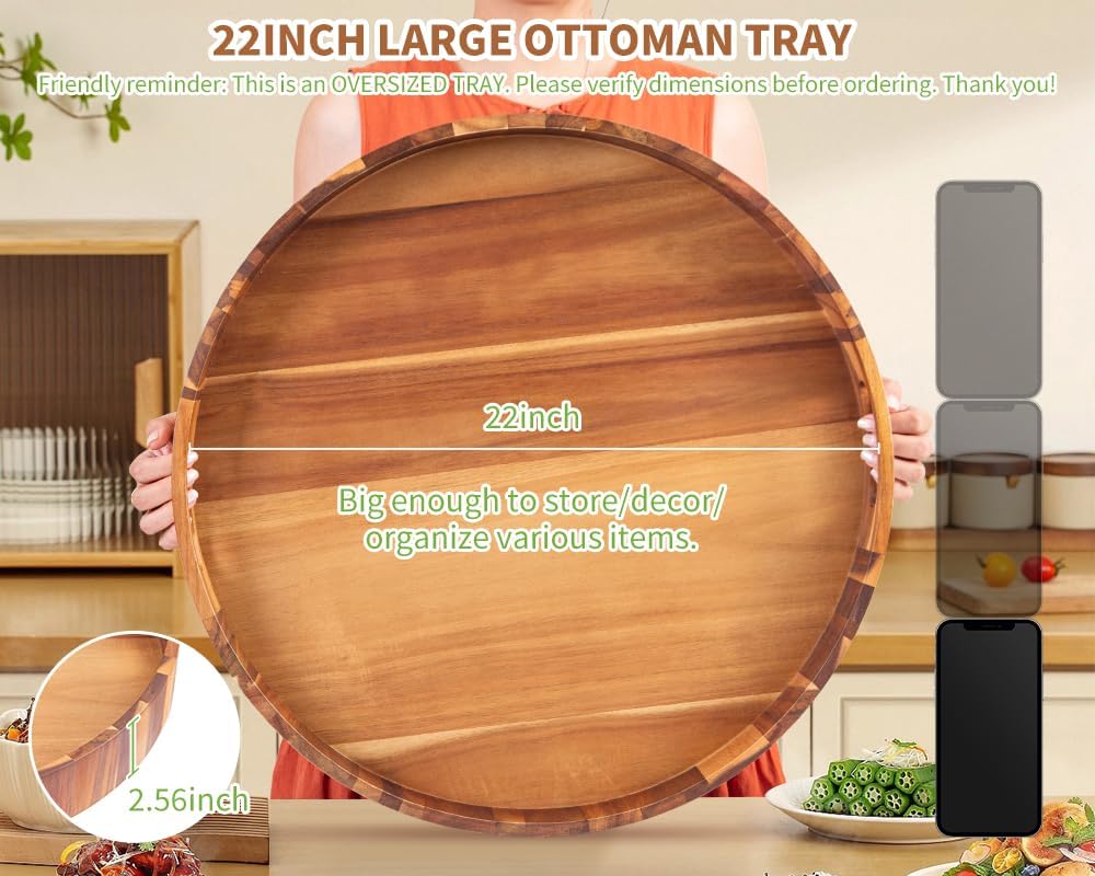 Extra Large Round Ottoman Coffee Table Tray, 22" Big Kitchen Serving Trays for Huge Ottoman Counter Giant Decorative Organizer, Huge Wood Serveware Tray with Built-in Handle for Big Job