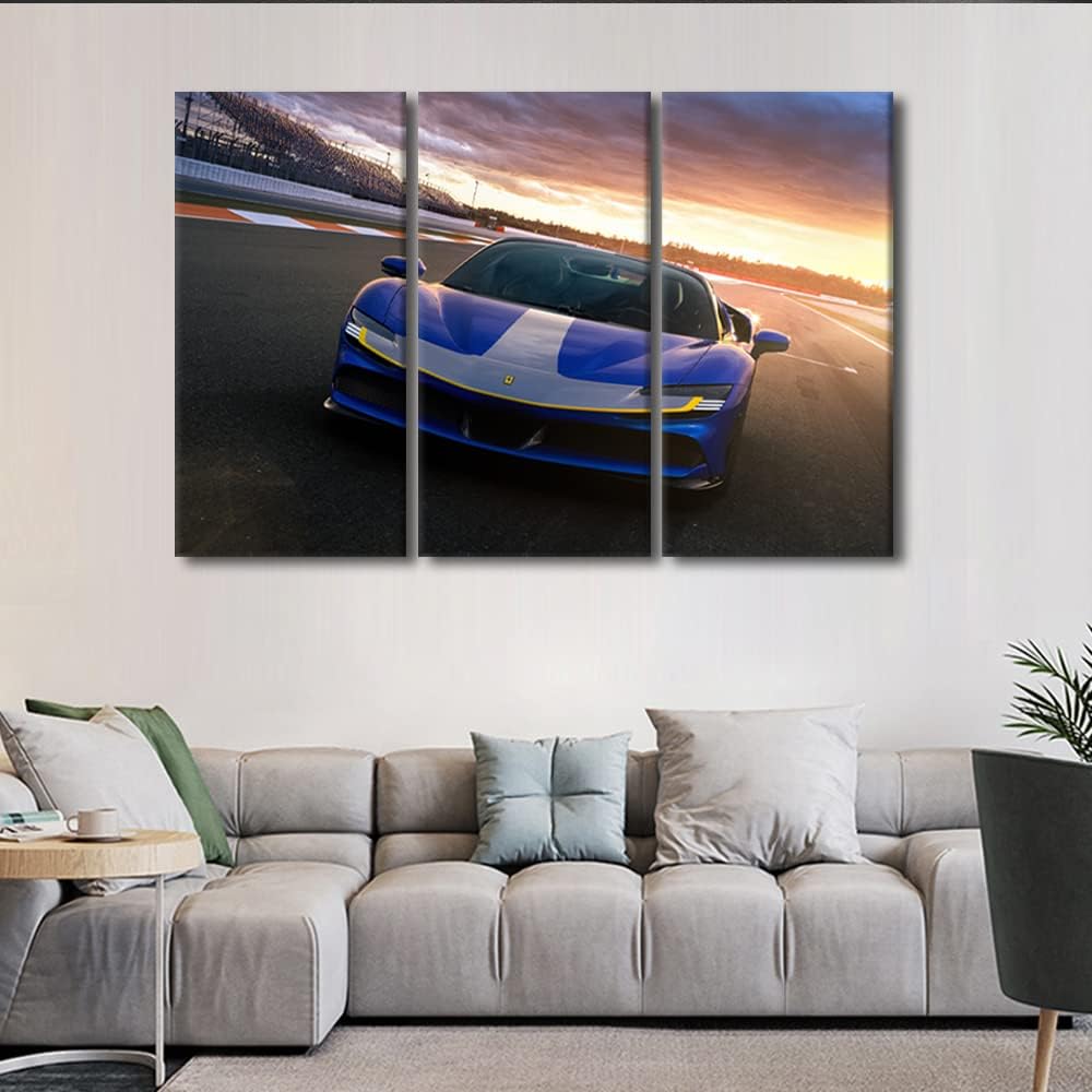 Blue Car on the Runway Canvas Wall Art Sports Car on the Track Wall Art for Living Room Sunset Pictures for Bedroom Modern Home Decor Office Bathroom Decoration Artwork Framed Ready to Hang 36"Wx24"H