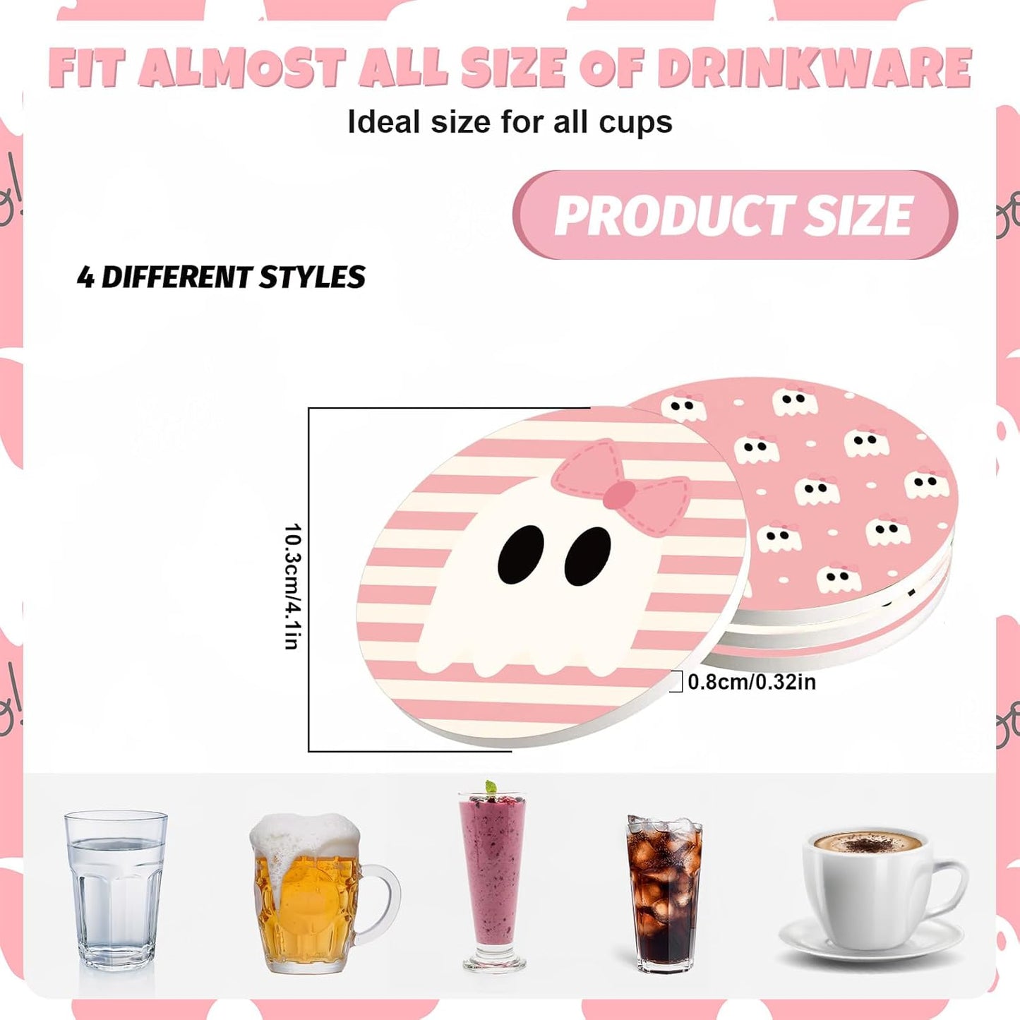 Whaline 4Pcs Halloween Ceramic Coasters Pink Ghost Pumpkin Drink Coasters Absorbent Cup Mat for Mug Cup Home Kitchen Party Table Decor