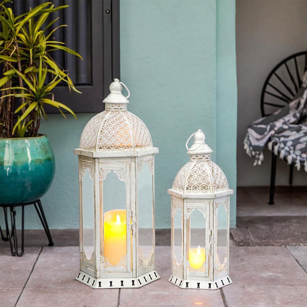 JHY DESIGN Set of 2 Decorative Candle Lanterns 22"&17" H Outdoor Vintage Metal Candle Holder for Garden Living Room Indoor Parties Weddings Patio Home Decor(White with Gold Brush)