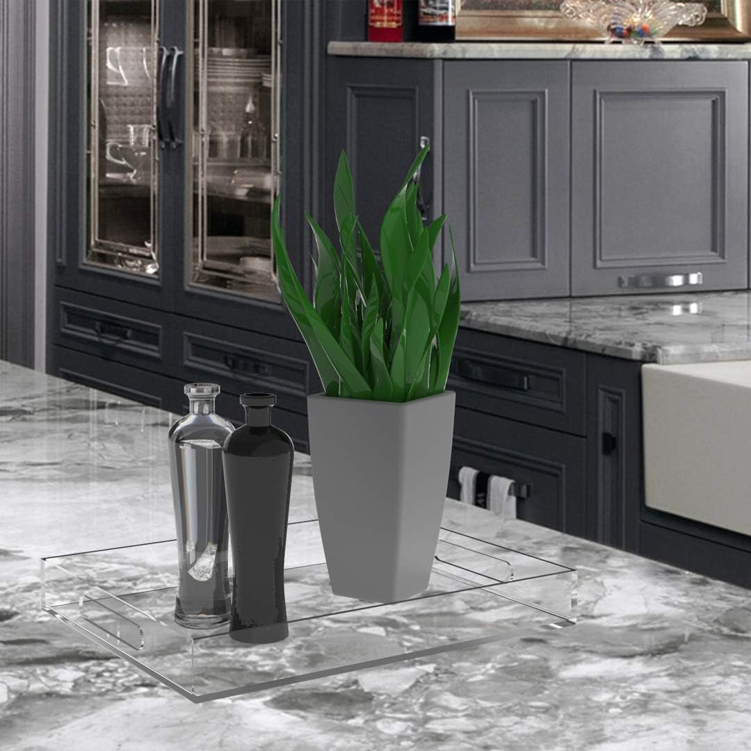 Clear Acrylic Serving Tray for Vanity, Bathroom, Outdoor, Food and Décor with Handles (Rectangle, Small)