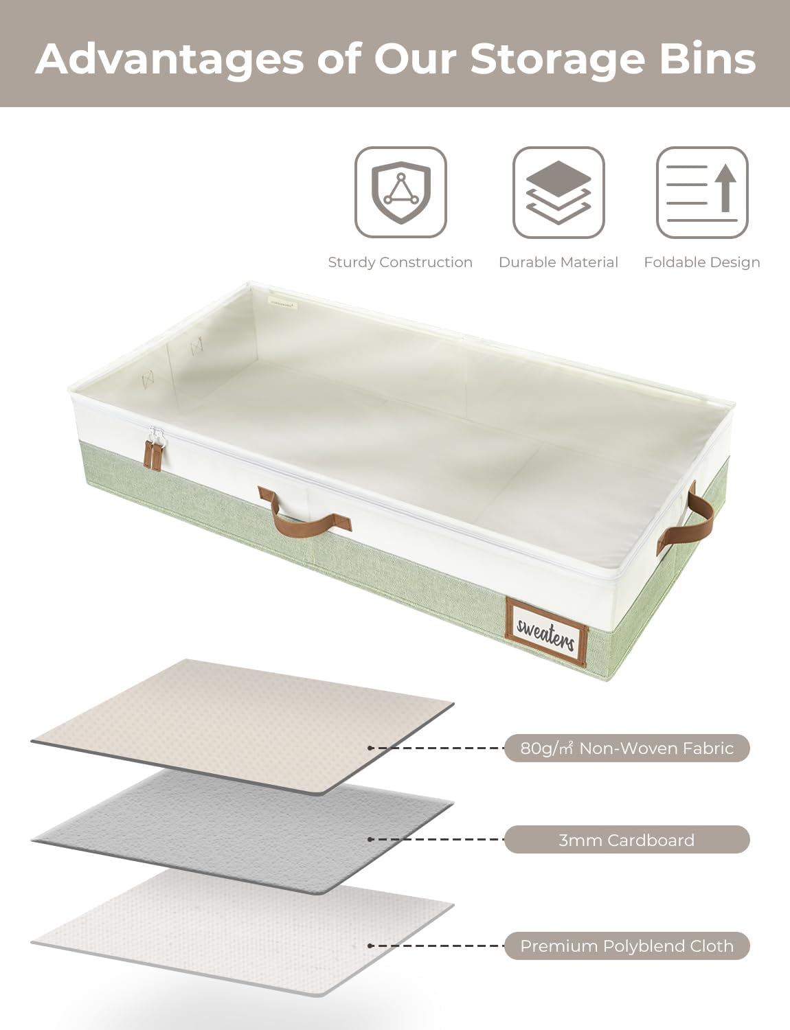 StorageWorks Large Under Bed Storage Containers with Handles and Label Holder, 2 Pack Ultra-thick Fabric Underbed Bins, Closet Organizer for Clothes, Blankets, Sweater