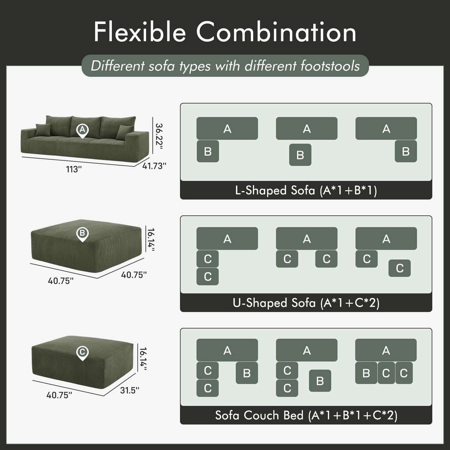 Boneless Sectional Cloud Couch Sofa for Living Room, 112" L-Shaped Modular Modern Lounge Sleeper Green Couches with Chaise, No Assemble, Cordury Compression Upholstered Sofas
