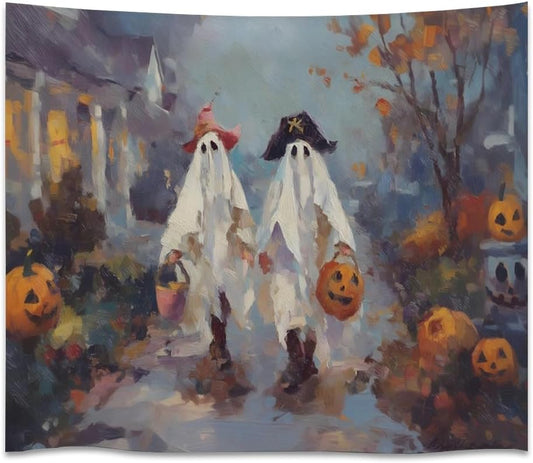 Funny Halloween Ghost Tapestry Wall Hanging Cute Kids Nursery Room Decor Trick or Treat Art Print Goth Fall Pumpkin Ghost Tapestries for Living Room Bedroom wall Decor 70x90inch