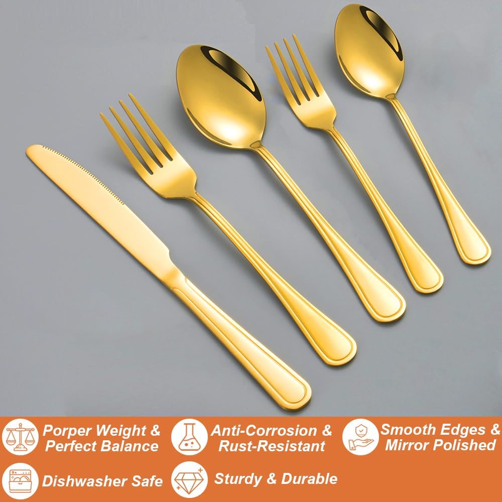20 Pcs Gold Silverware Set for 4 with Simple Striped Handle Design, Food Grade Stainless Steel Flatware Set, Eating Utensils Sets Include Fork/Knife/Spoon, Cutlery Set, Dishwasher Safe