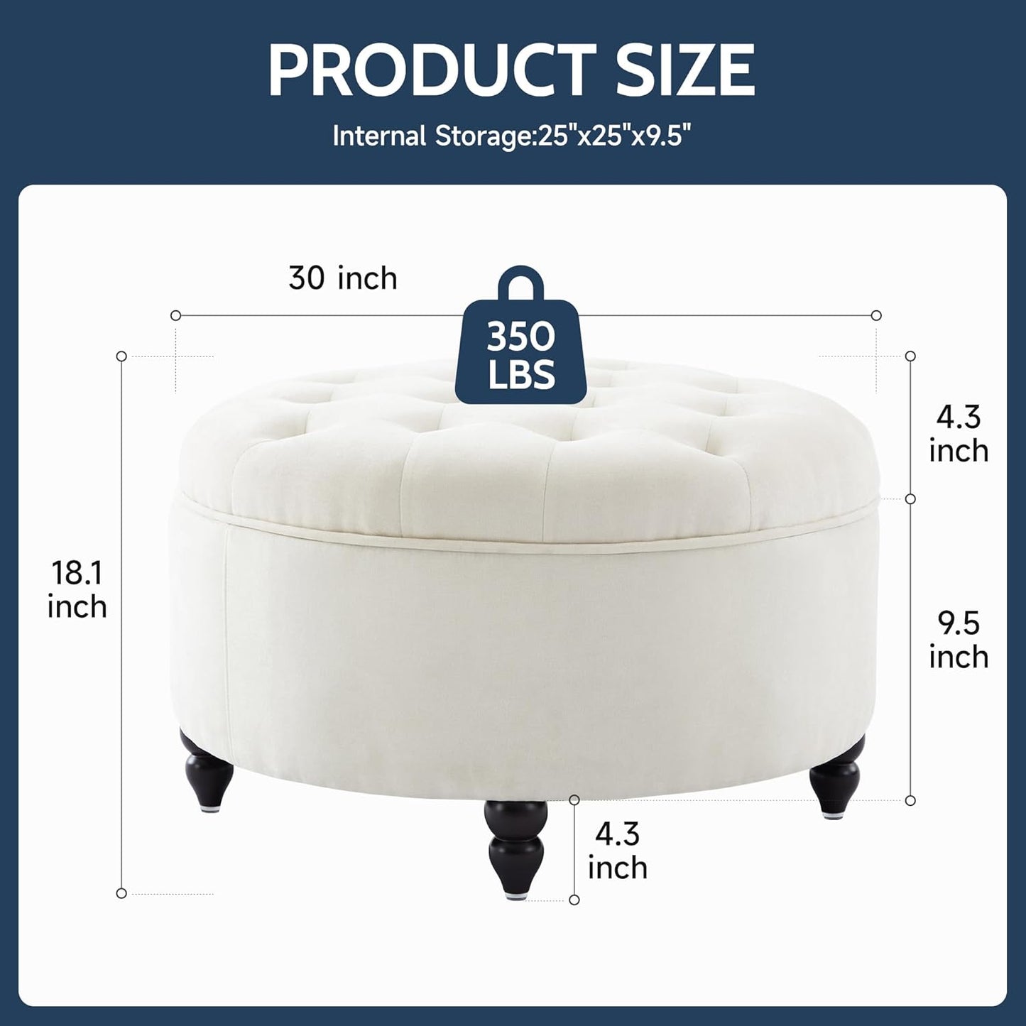 30-Inch Large Round Ottoman, Tufted Coffee Table with Removable Lid Top, Upholstered Footrest Modern Button Circle Storage Ottoman for Living Room, Office, Ivory