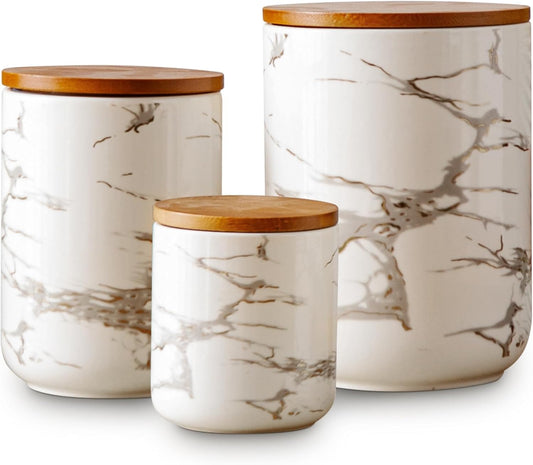 Ceramic Canister Set with Bamboo Airtight Lids, 3-Piece Kitchen Storage Jars (48oz, 30oz, 12oz) – White with Gold Marble Pattern, Glossy Finish, for Coffee, Sugar, Flour & More