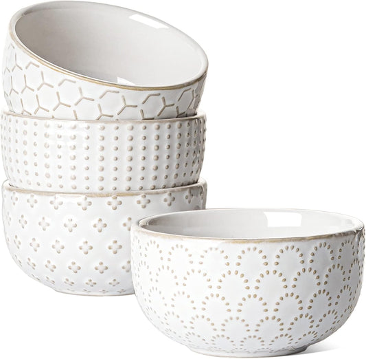 LE TAUCI 3.5 Inch Small Bowls, TINY Embossed Ceramic Dip Bowls, Sauce Dishes, Condiment Cups for Appetizers, Sushi Soy Sauce, Dessert, Ice Cream, Oven & Dishwasher Safe - Set of 4, Arctic white