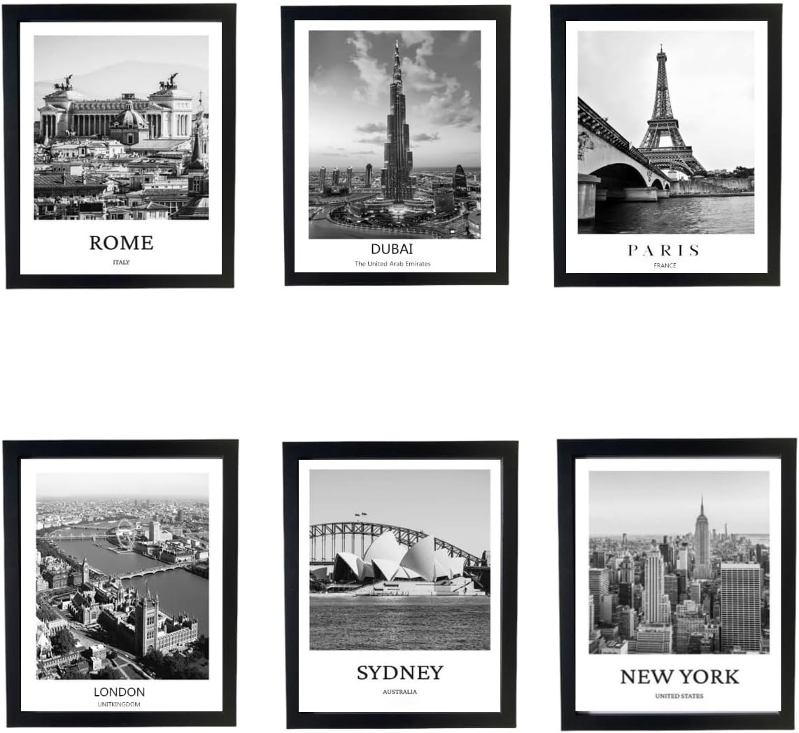 Black And White Wall Art Decor,New York, London, Tokyo, Paris, Eiffel Tower Wall Decor Art,Modern Boho Wall Art for Living Room Bedroom Prints Poster,8x10 Inch Set of 6,Framed