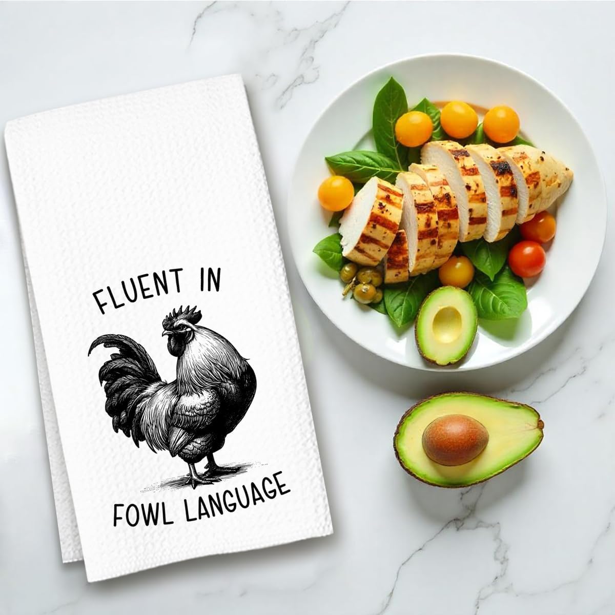 Chicken Dish Towel, Waffle Weave Microfiber Kitchen Cloth, Rustic Rooster Decor Accent, Farmhouse Style Gift for Chicken Lovers, Funny Country Hand Towel for Kitchen Bathroom - A05