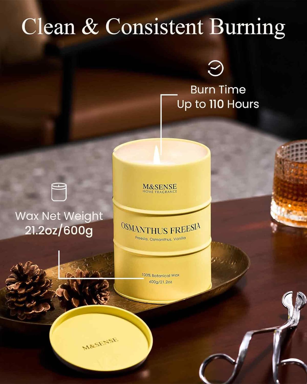 M&SENSE Osmanthus Freesia Scented Candles Large, Natural Soy Candles 21.2oz 120 Hour Slow Burning,Aromatherapy Candle for Stress Relief Meditation Relaxing