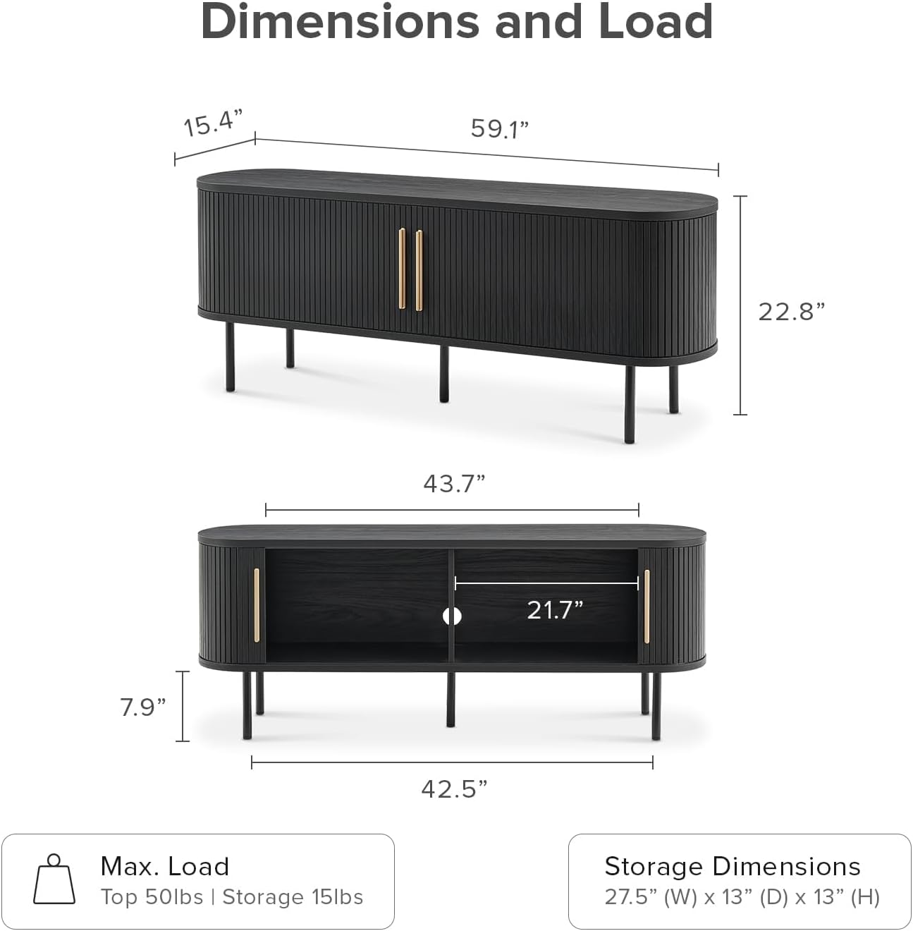mopio Quin TV Stand, Mid Century Modern for 55/60/65 inch TV, Farmhouse TV Stand, Entertainment Center with Storage, TV and Media Console for Living Room (Black, 59" Tambour)