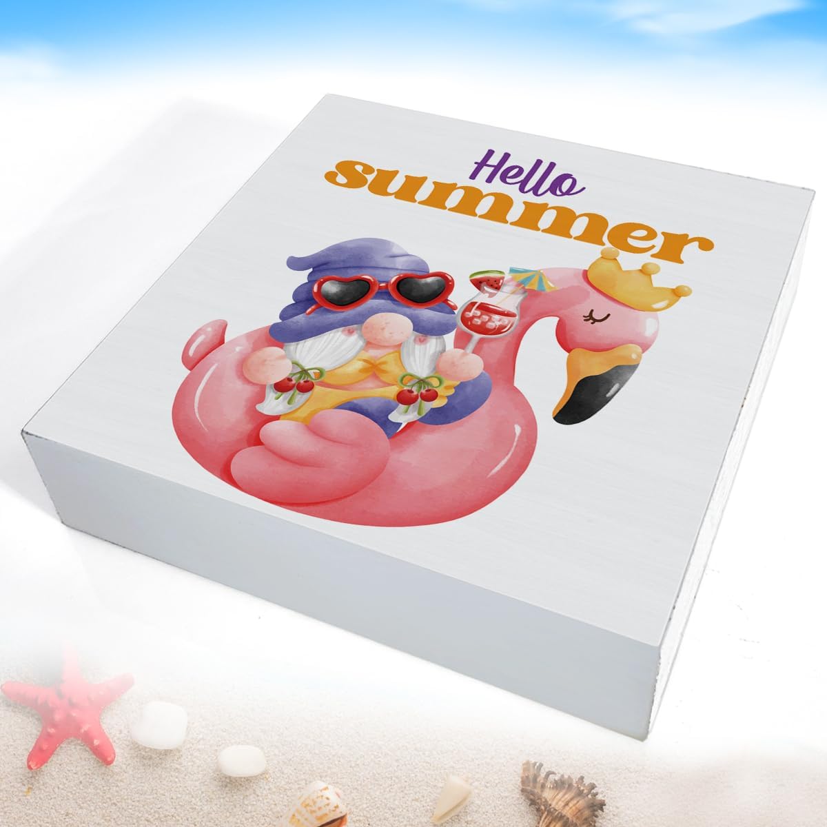 Hello Summer Decor Flamingo Decorations Summer Gnome Wooden Sign Rustic Home Decor 5 x 5 Inches