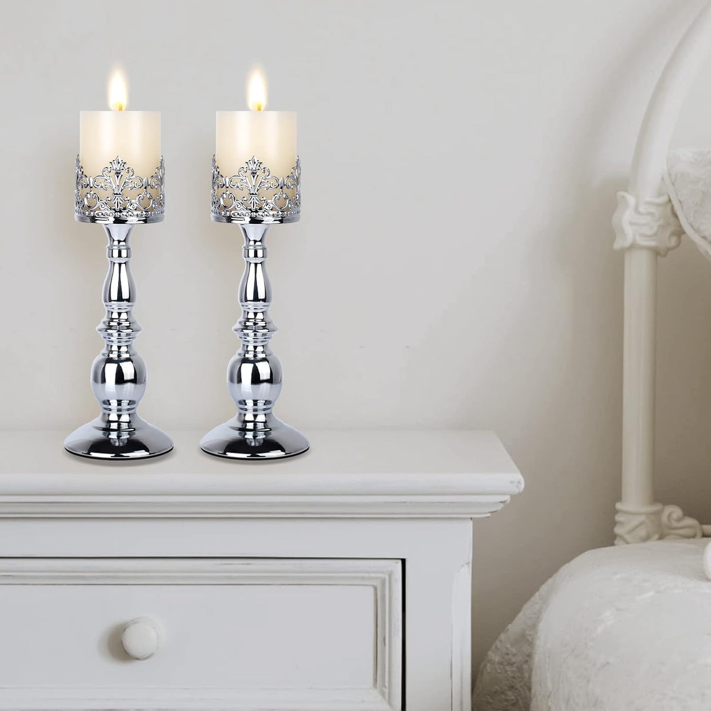 Candle Holders for Pillar Candles Gothic Matte Black Vintage Tall Candle Holders Set of 2 Decorative Large Table Centerpieces Candle Stand Decor (Silver 2PCS A)