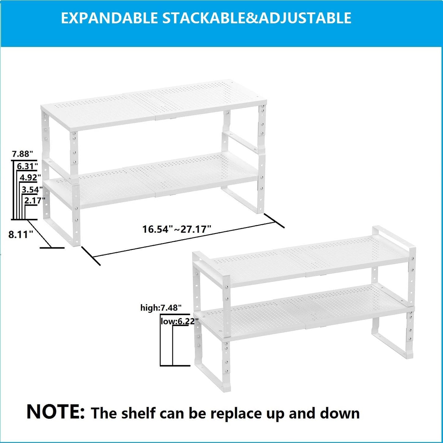 Expandable,Adjustable & Stackable Spice Rack, Cabinet Kitchen Countertop Shelf Organizer,Metal Pantry Storage Shelves - Space-Saving Storage Solution(2Packs/White/Medium)