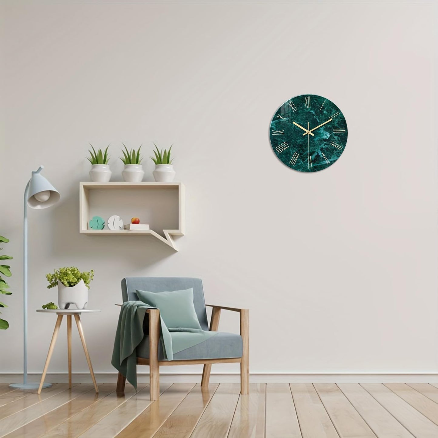 Teal Wall Clock Battery Operated 14 Inch Modern Abstract Clocks for Living Room Decor Marble Pattern Glass Analog Wall Clock Silent