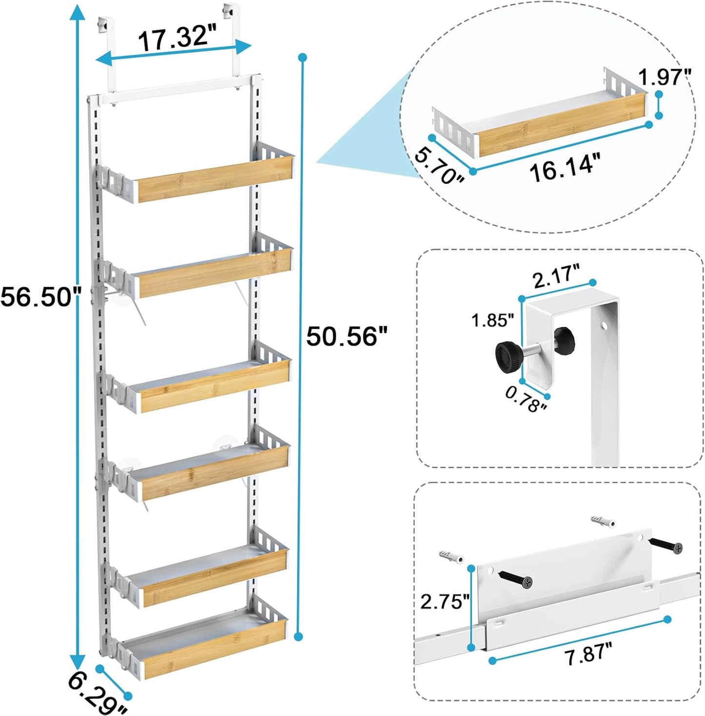 bukfen Over the Door Pantry Organizer 6-Tier Adjustable Basket Kitchen Pantry Door Organization and Storage, 2 in 1 Wall Mount or Hanging Heavy-Duty Metal Hanging Kitchen Spice Rack,White Bamboo Color