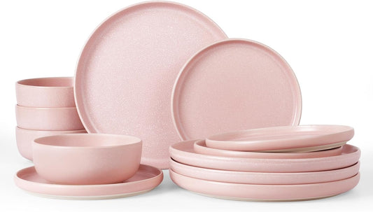 Famiware Milkyway Plates and Bowls Sets, 12 Pieces Dinnerware Sets, Reactive Glaze Dish Set, Stoneware Dishes Set for 4, Light Pink