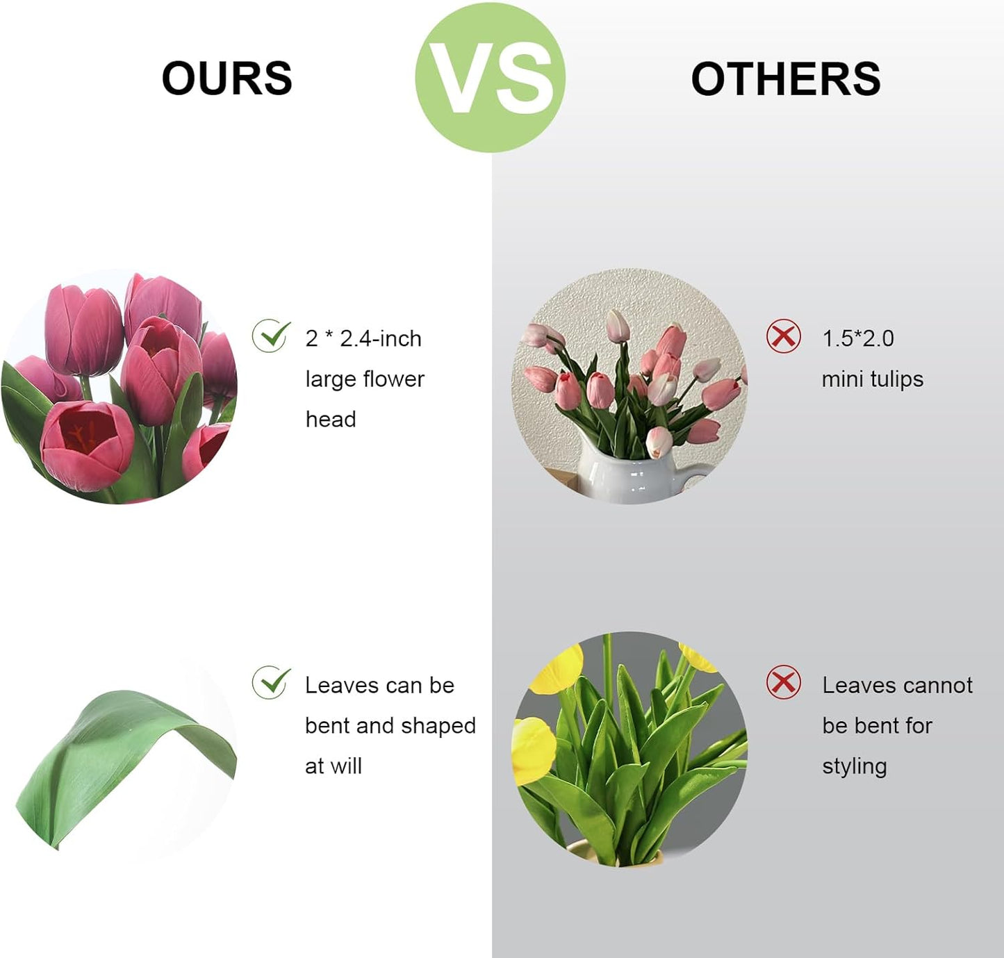 Rose Red Artificial Tulips, 2 Bundles 14Pcs, Fake Tulips Artificial Flowers, 2 x 2.4 Inch Large Flower Head Big Tulip, Easter Valentine's Day Mother's Day Home Decoration Flowers