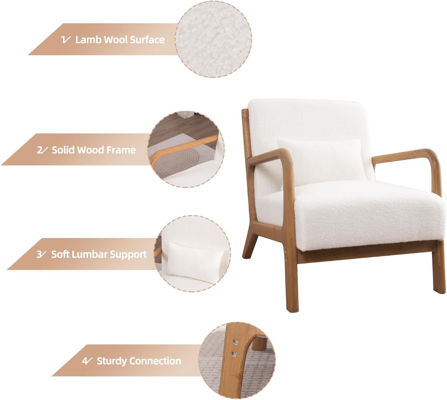 INZOY Mid Century Modern Accent Chair with Lamb Wool Fabric, Upholstered Living Room Chairs with Waist Cushion, Reading Armchair for Bedroom Sunroom, White