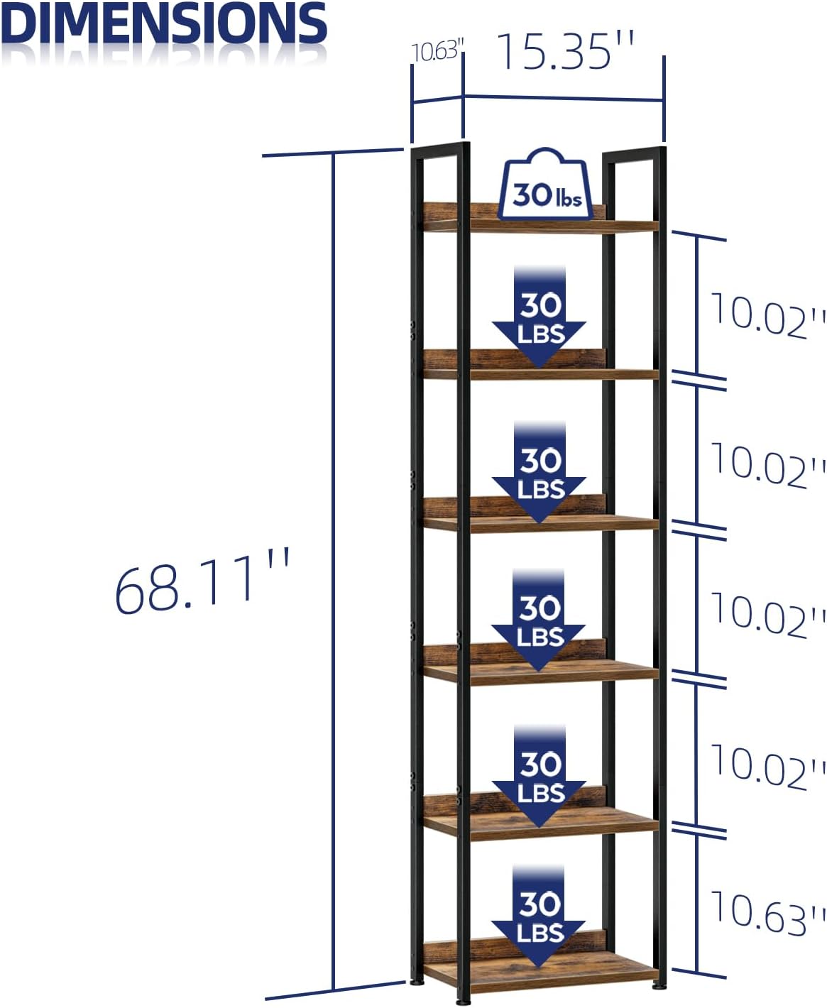 NUMENN Narrow Bookshelf, 6 Tier Bookshelves, Home Office Bookcase Shelf Storage Organizer, Free Standing Storage Shelving Unit for Bedroom, Living Room and Home Office, Vintage