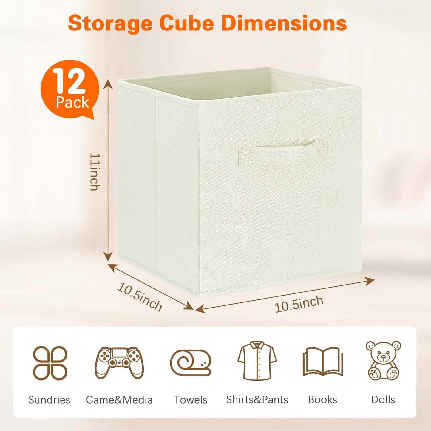 GhvyenntteS Storage Cubes 12 Pack, 11 Inch Cube Storage Bins with Dual Handles, Collapsible Fabric Storage Bins for Shelves Closet, Storage Baskets for Organizing Clothes, Bedding, Books, Beige