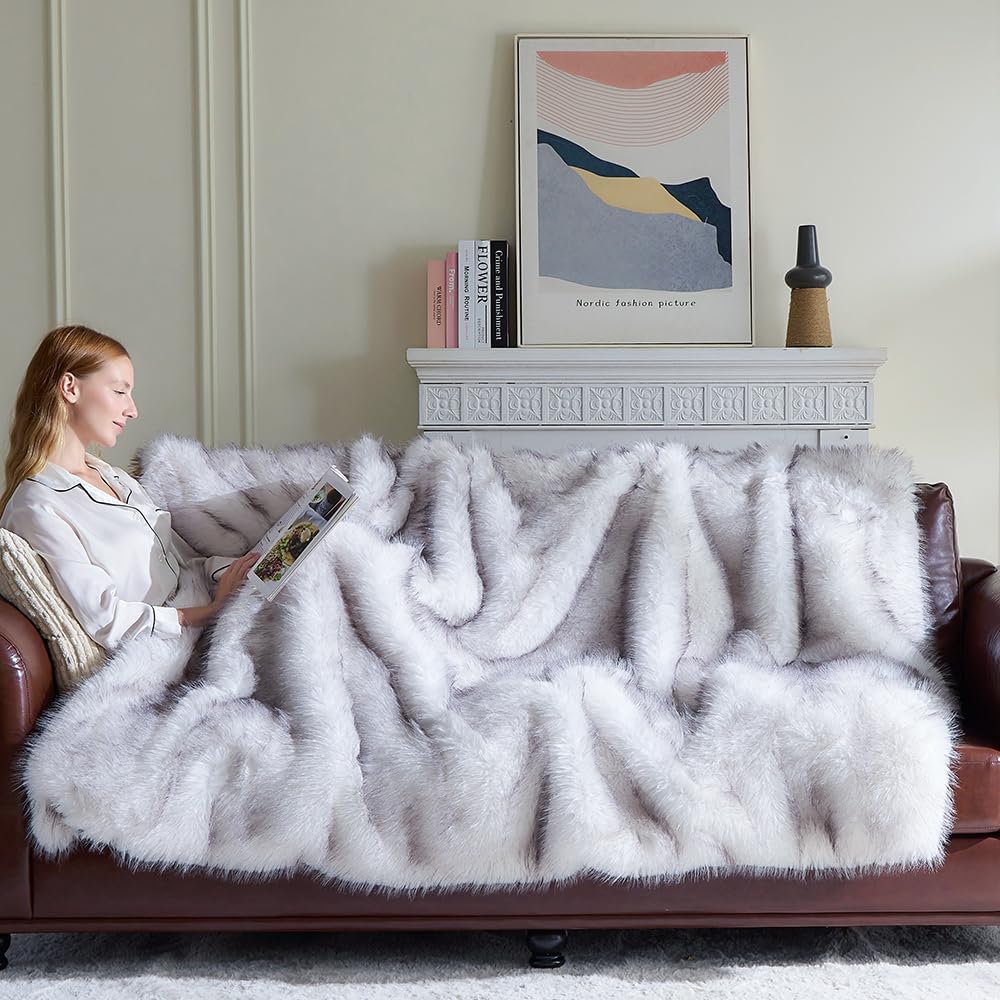Fluffy Faux Fur Throw Blanket – Super Soft Warm Thick Plush Blanket for Bed, Couch & Office, Cozy Fuzzy Throw with Flannel Backing,90"x90", White