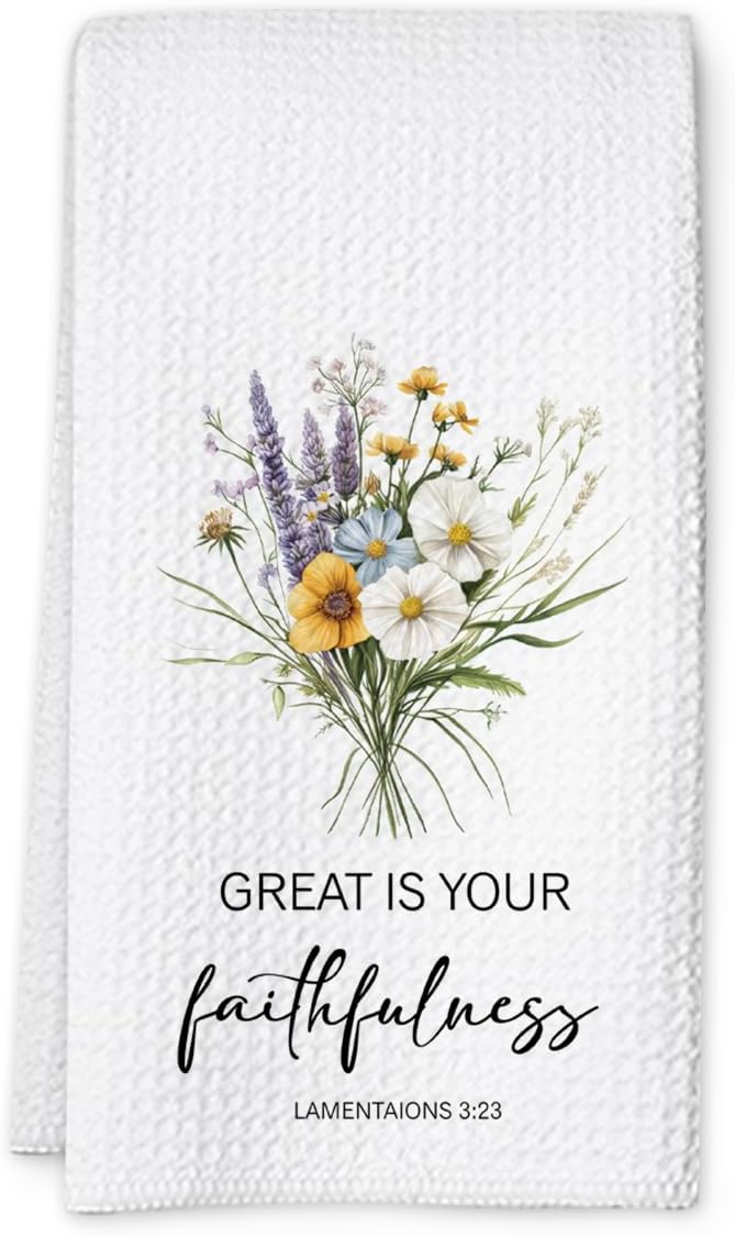Christian Kitchen Towel, Waffle Weave Microfiber Scripture Hand Towel, Great is Your Faithfulness Bible Verse Farmhouse Decor for Kitchen Bathroom, Inspirational Gift for Women