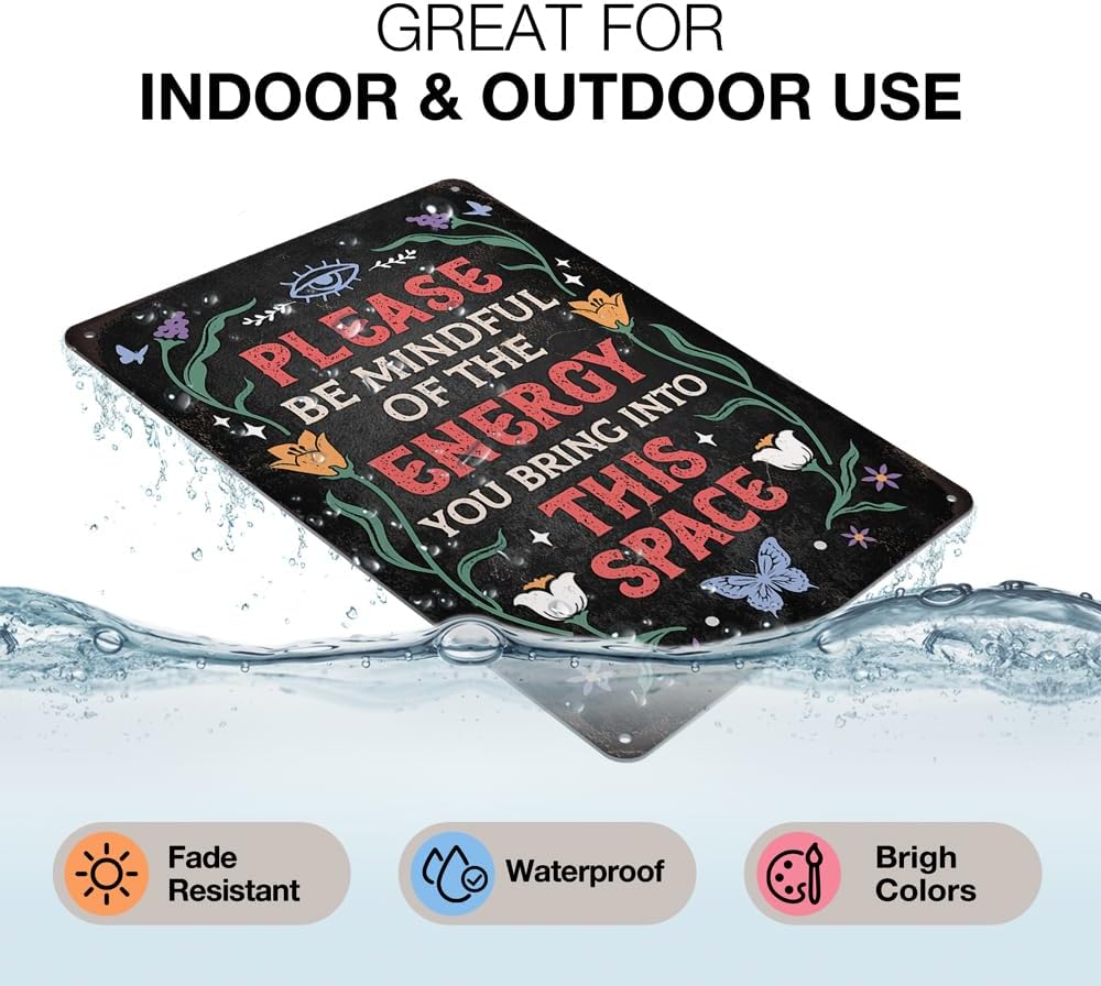 Heuhuww Vintage Positive Energy Metal Sign-Please Be Mindful of the Energy You Bring Into This Space Wall Decor for Home Yoga Cafes Bedroom Good Vibes Only Sign 8"x12"(H25)