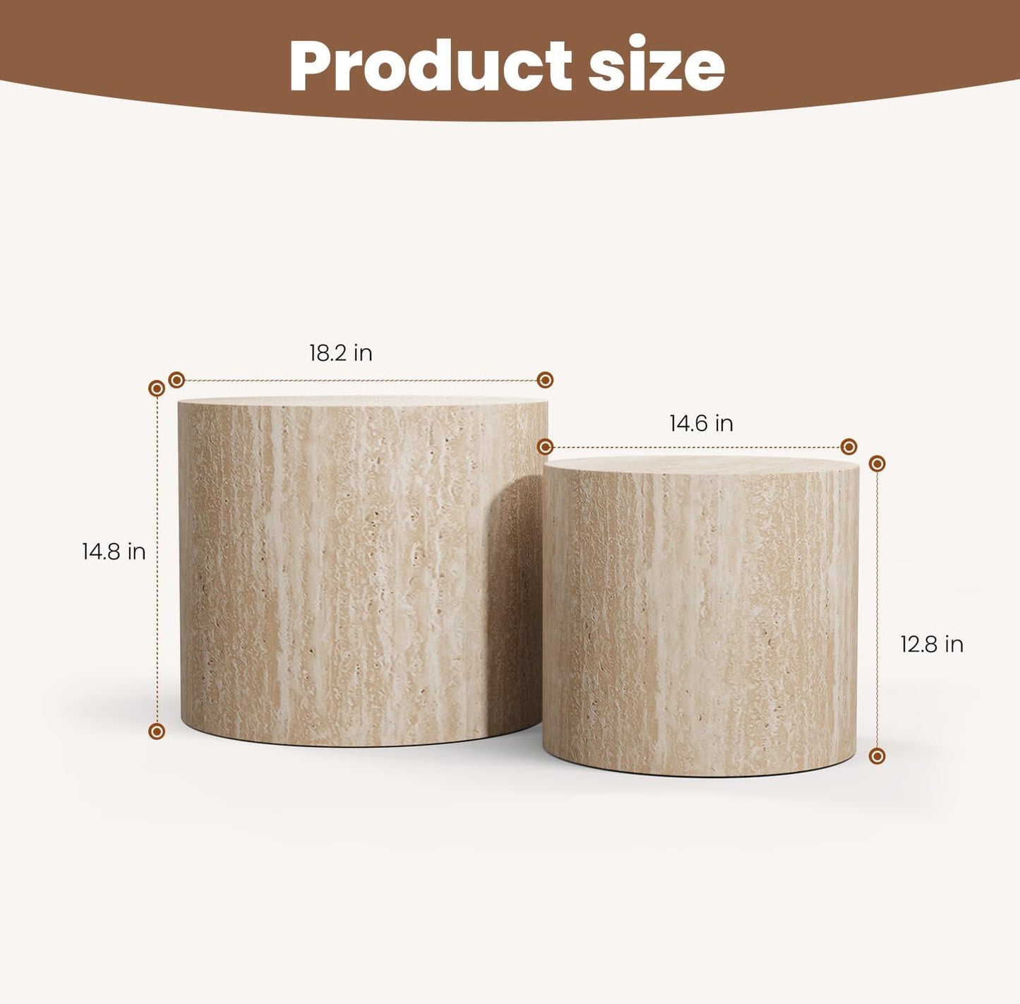 Round Nesting Coffee Table Set of 2 Modern Wood Coffee Tables Handcraft Drum Coffees Table Farmhouse Round Sofa Side Tables End Table for Living Room Small Spaces, No Assembling (Travertine)