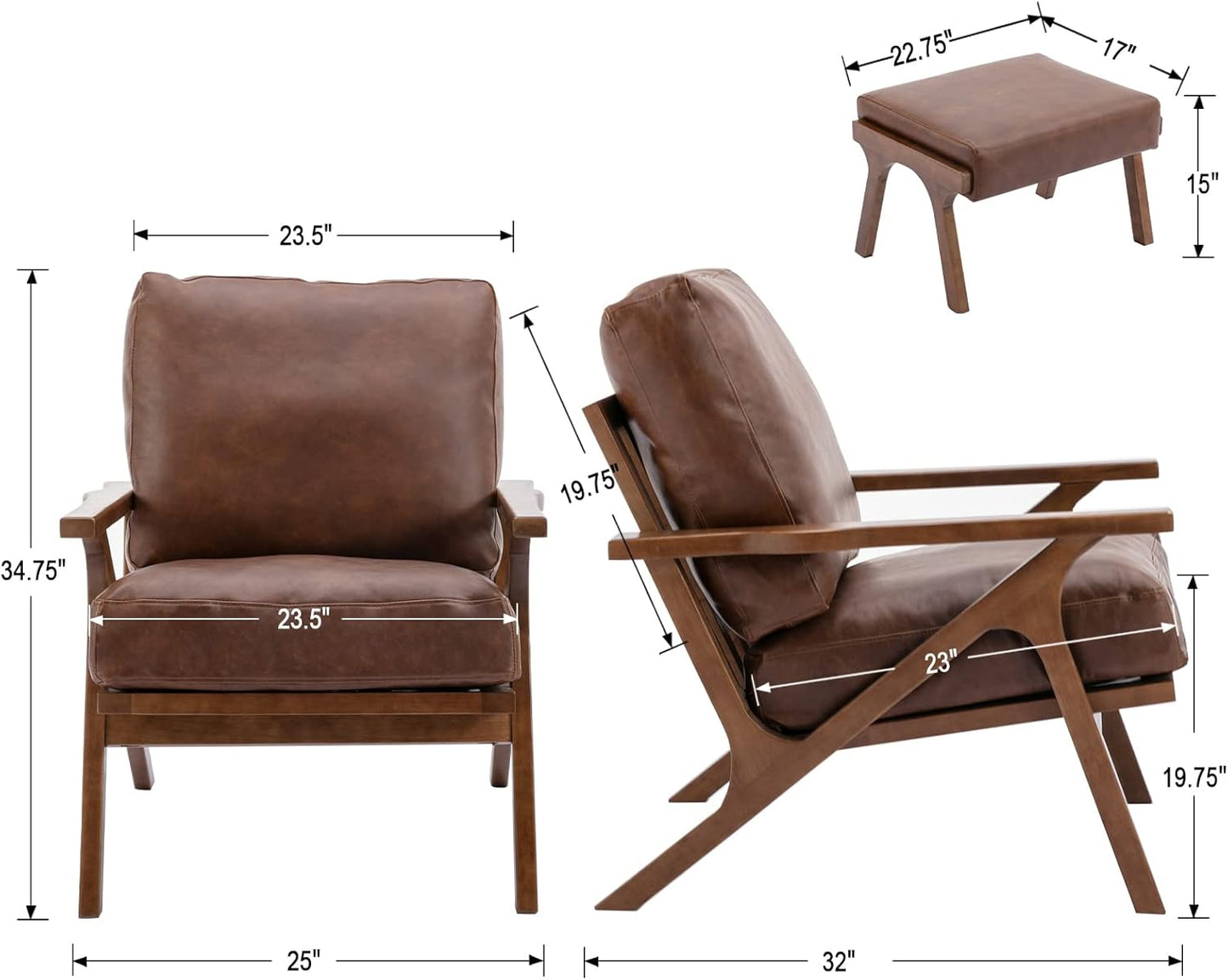 Mid Century Modern Accent Chair with Ottoman, Farmhouse PU Upholstered Living Room Armchair and Ottoman Set, 23" Seat Wide Retro Leisure Lounge Chair with Wood Frame for Home, Bedroom, Office, Brown