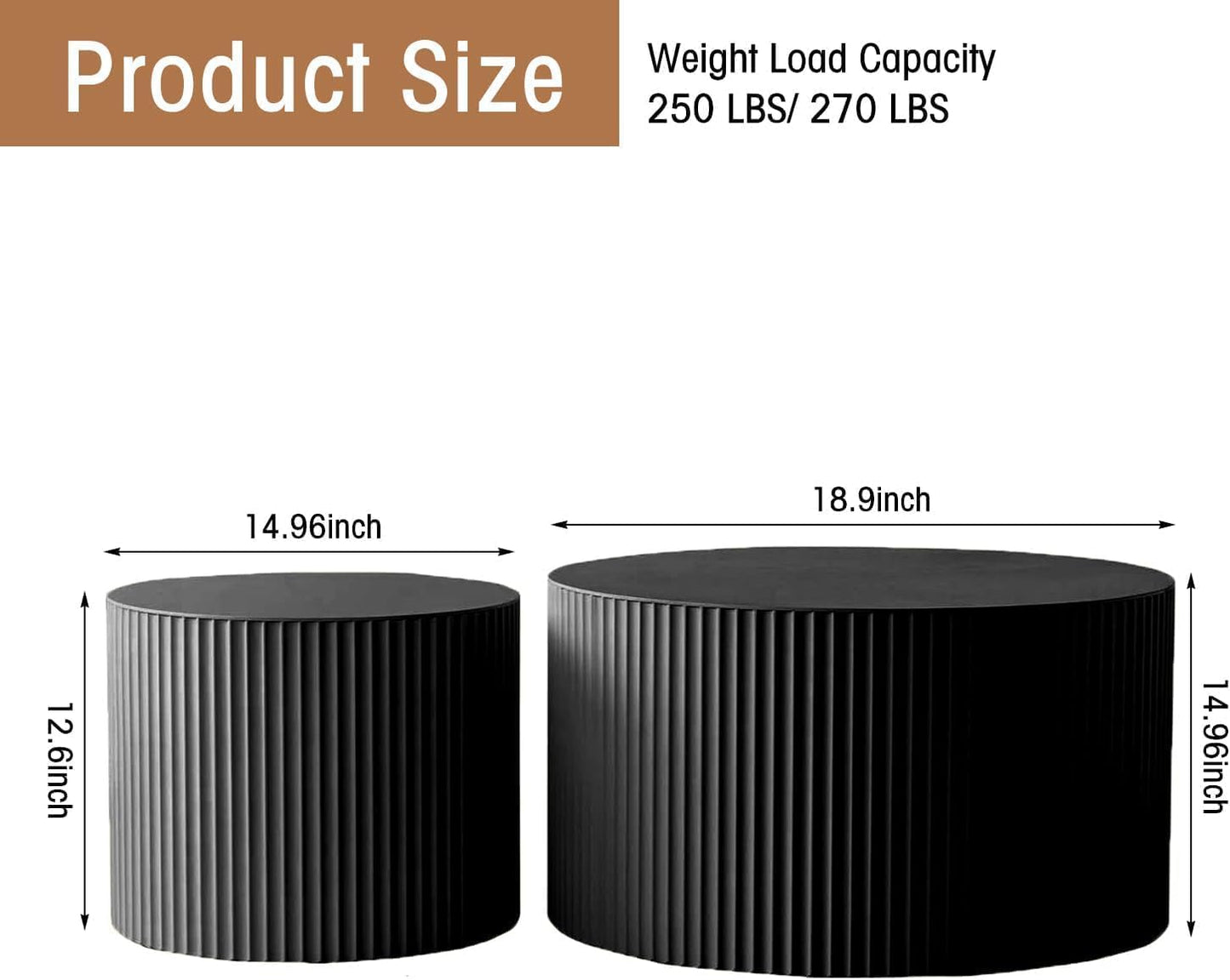 Round Coffee Table Set of 2, Nesting Coffee Table and End Table Set Small Circle Drum Side Table for Living Room Office, No Assembly (A Black Small)