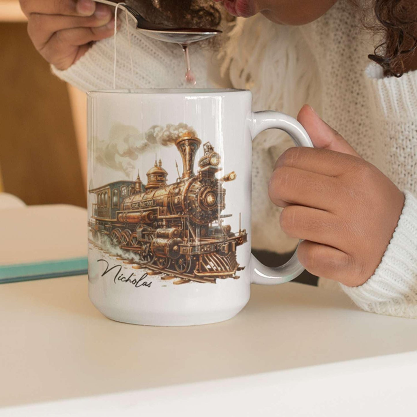 Customized Vintage Locomotive Design Ceramic Cup, Personalized Steampunk Train Coffee Mug 11oz 15oz, Unique Custom Name Mug Gift For Train Enthusiasts, Steam Engine White Mug