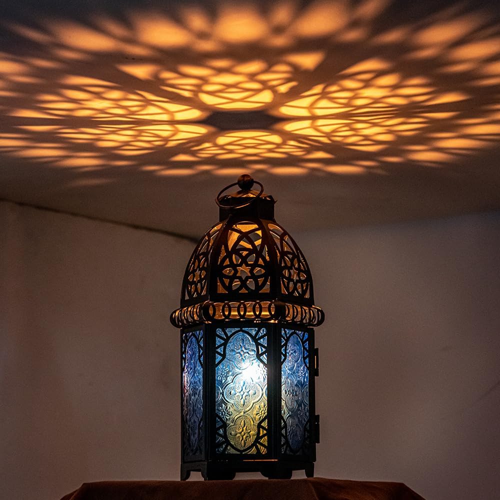NEEDOMO Hanging Moroccan Lantern, 12.8'' Vintage Candle Holder, Metal Lanterns Decorative Indoor Outdoor, Table, Patio, Porch, Shelf, Gothic Home Decor (Blue, Large Size)