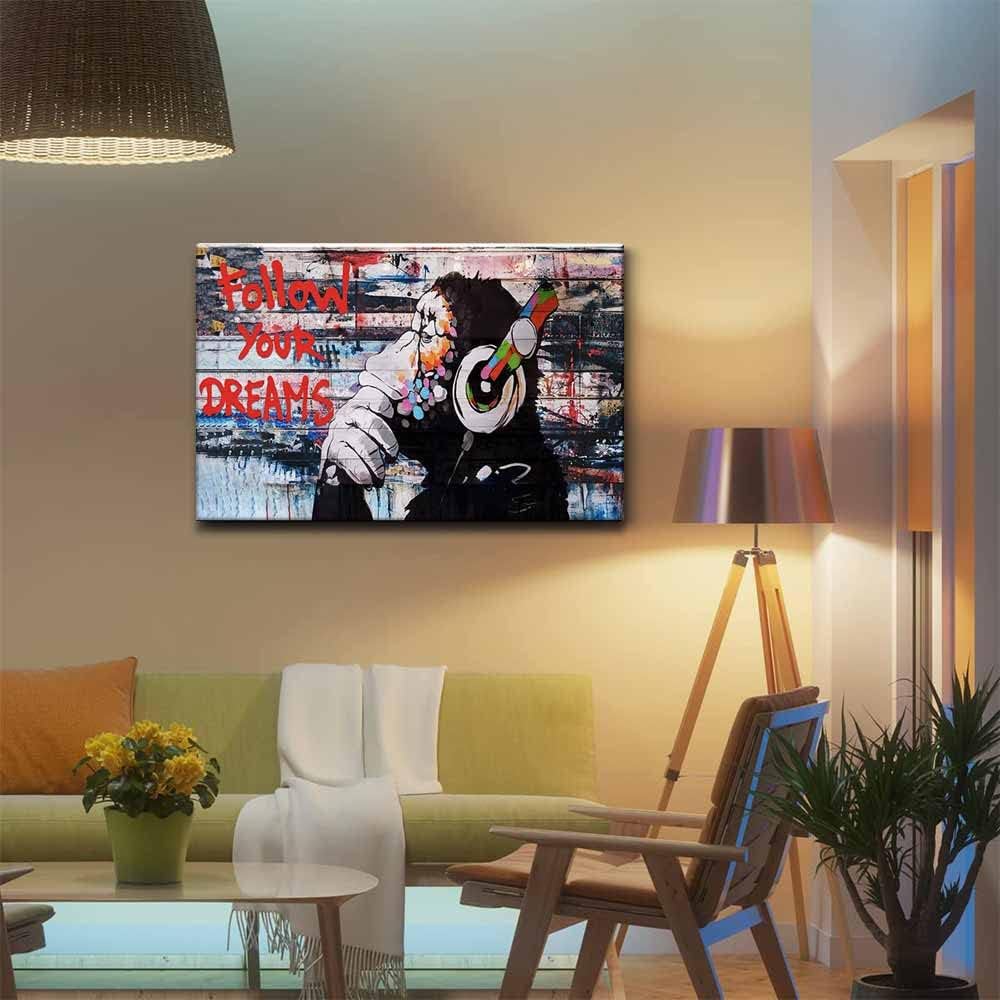 Framed Banksy Graffiti Canvas Wall Art Follow Your Dreams Monkey Poster With Headphones Prints Street Painting Picture Man Cave Wall Decor Pop Art for Living Room Ready To Hang 16"Wx 24"H (40x60cm)