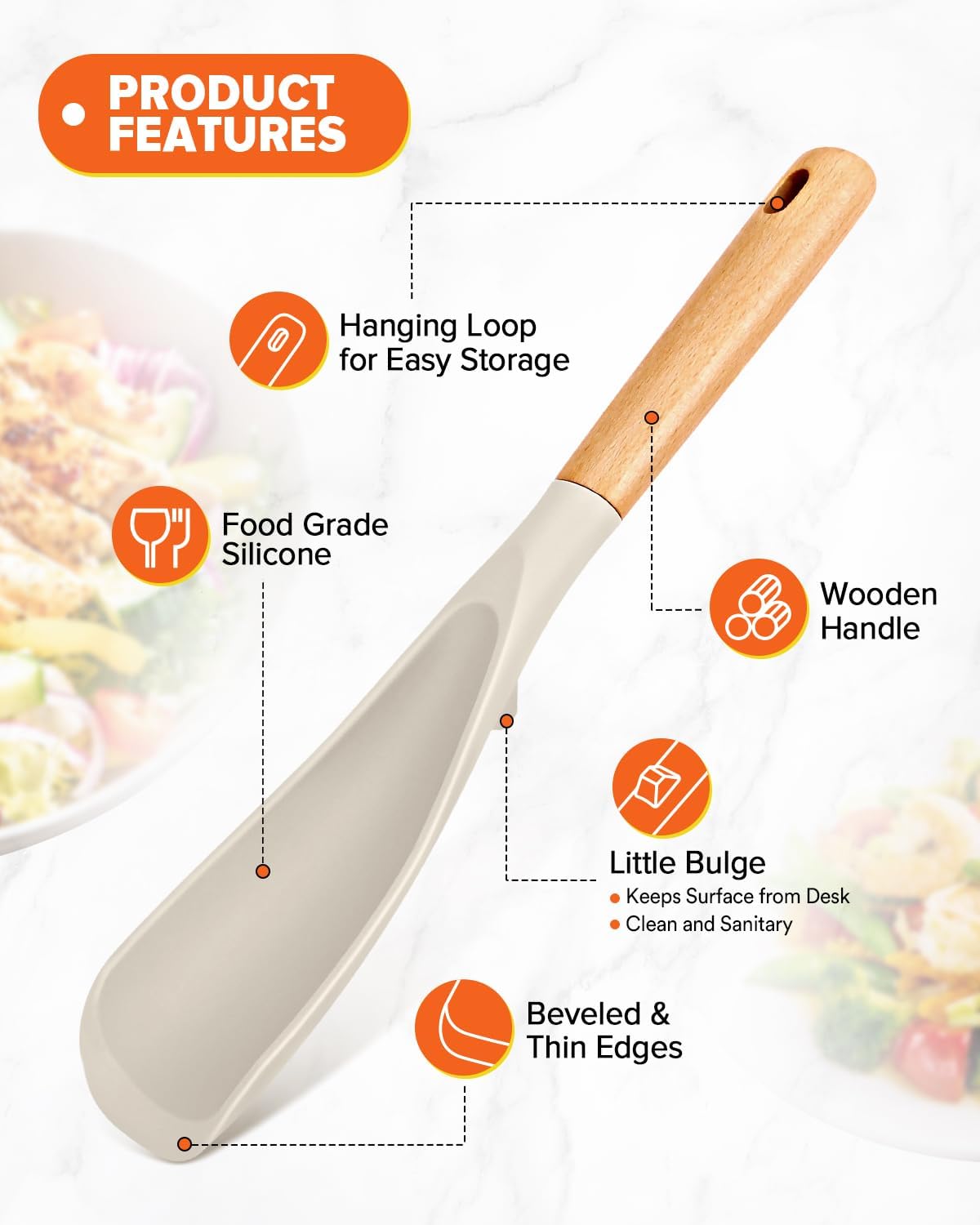 Cooking Spoon and Scraper for Nonstick Cookwares, Great for Cooking and Serving Durable BPA-Free Matte Silicone, Wood Handle Multifunction Spoon for Mixing, Scoop, and Scrape (KHAKI)