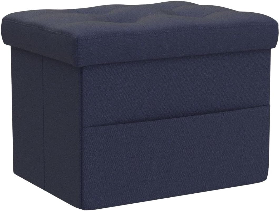 LINMAGCO Storage Ottoman Folding Foot Stool Foot Rest with Side Pocket Modern Ottoman with Storage Short Sofa Stool Linen Cloth 17x13x13(Navy)