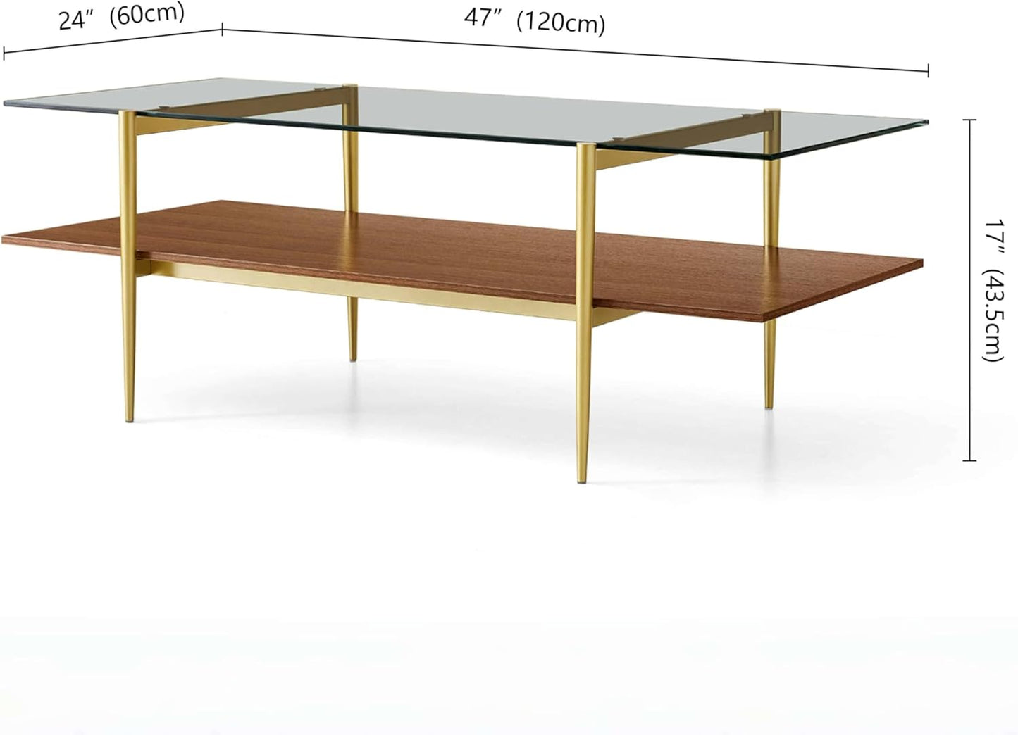 X-Large Rectangle Glass Coffee Table, Mid-Century Modern Design, for Living Room, L47 x W24 x H17 Inch, Clear Glass Top and Walnut MDF Shelf, Sleek Conical Legs with Gold Finish Frame