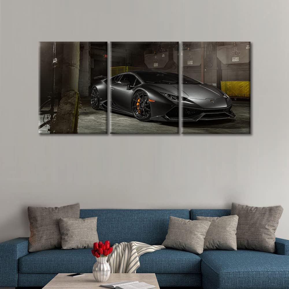 Canvas Wall Art for Bedroom Black Cool Sports Car Wall Art for Living Room Super Car in the Garage 3 Panels Vintage Wall Art Decor Modern Artwork for Home Walls Giclee Framed Ready to Hang 36"Wx16"H