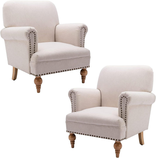 chairus Linen Accent Chair for Living Room Set of 2 Upholstered Mid Century Modern Single Sofa Chair with Solid Wood Legs Comfy Reading Chair Armchair for Bedroom/Office Room/Recption/Lounge, Cream