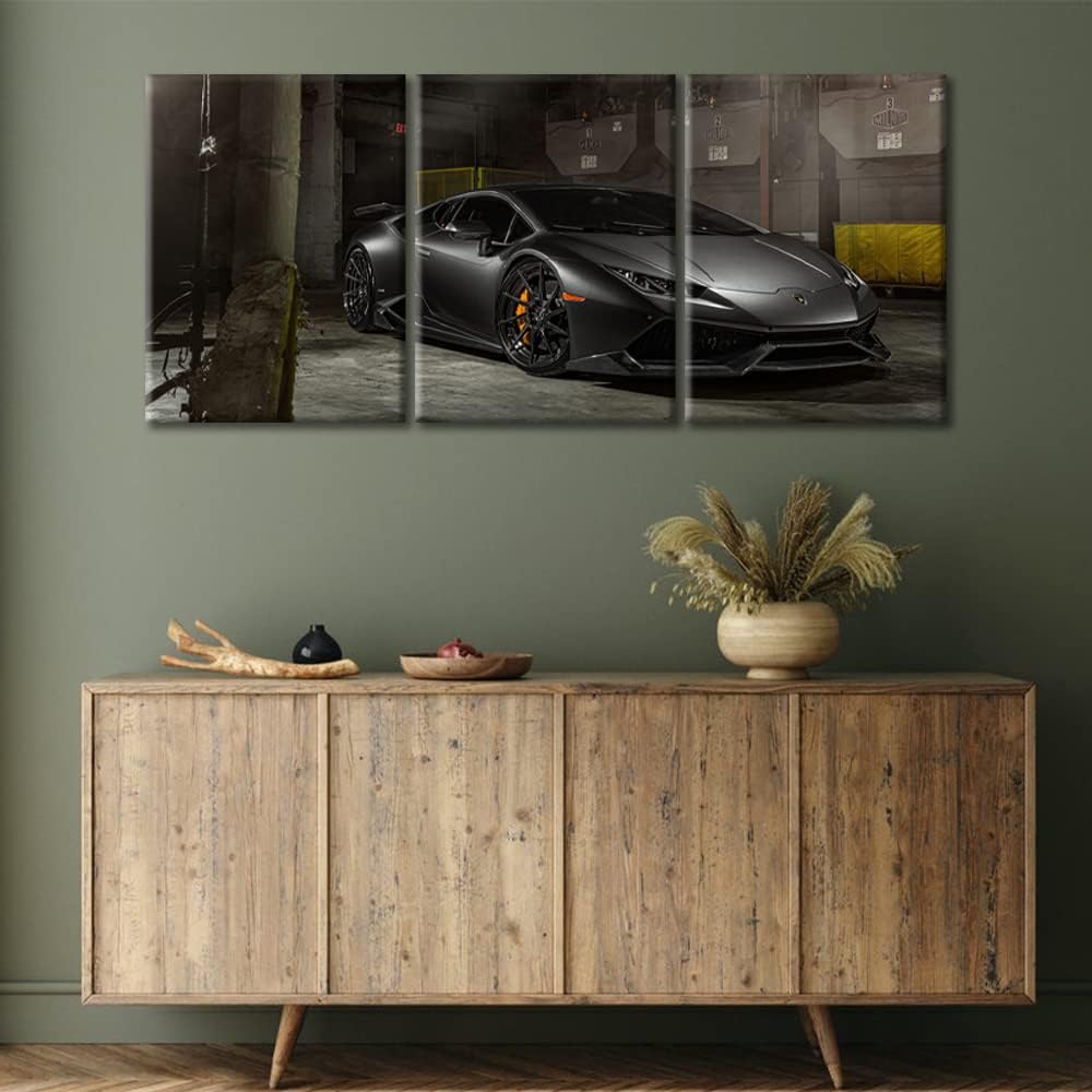Canvas Wall Art for Bedroom Black Cool Sports Car Wall Art for Living Room Super Car in the Garage 3 Panels Vintage Wall Art Decor Modern Artwork for Home Walls Giclee Framed Ready to Hang 36"Wx16"H