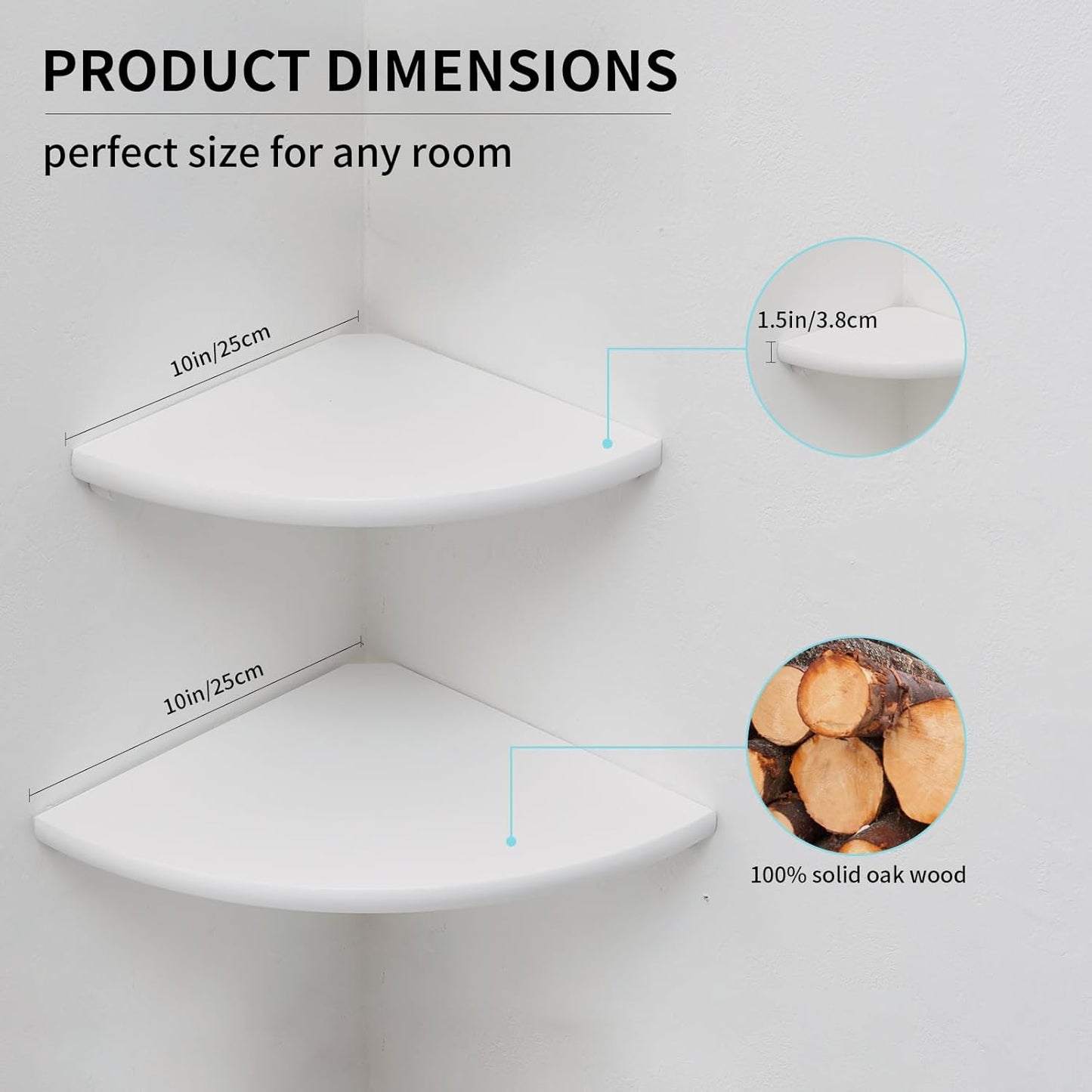 Corner Shelf, White Floating Corner Shelf, Set of 2 10inch Solid Oak Wood Wall Shelves, Round End Wall Mount with Wire Hole for Small Plant for Bedroom Kitchen, Living Room
