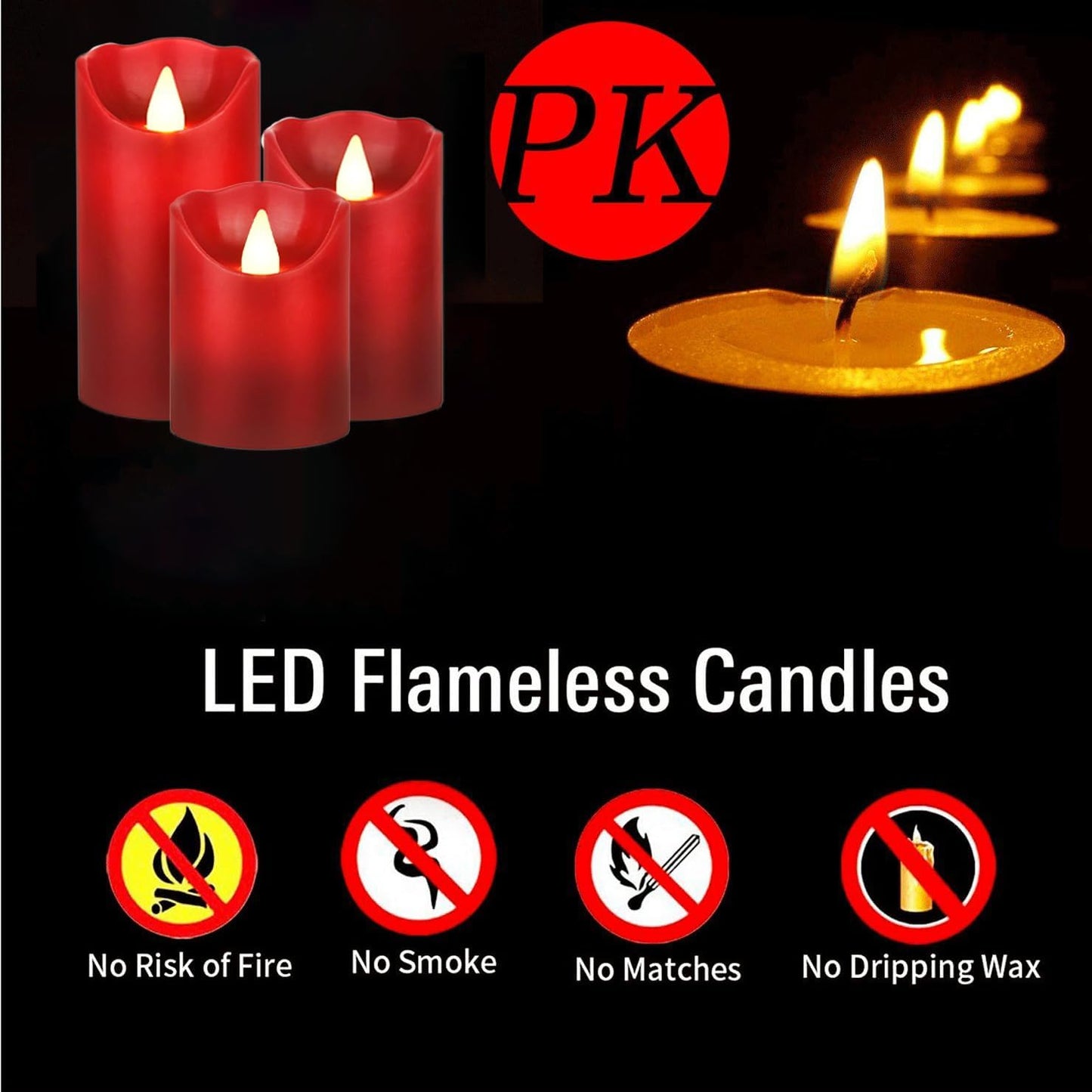 Flameless Battery Operated LED Candles with10key Button Remote Control 24-Hour Timer Set of 3 Electric Flickering Pillar Real Wax，Wedding, Party, Home Decoration (Red)